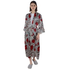 Cream With Cherries Motif Random Pattern Maxi Satin Kimono by dflcprintsclothing