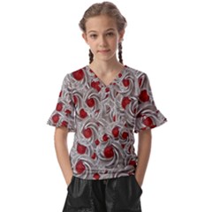 Cream With Cherries Motif Random Pattern Kids  V-neck Horn Sleeve Blouse by dflcprintsclothing