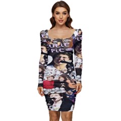 5 Second Summer Collage Women Long Sleeve Ruched Stretch Jersey Dress