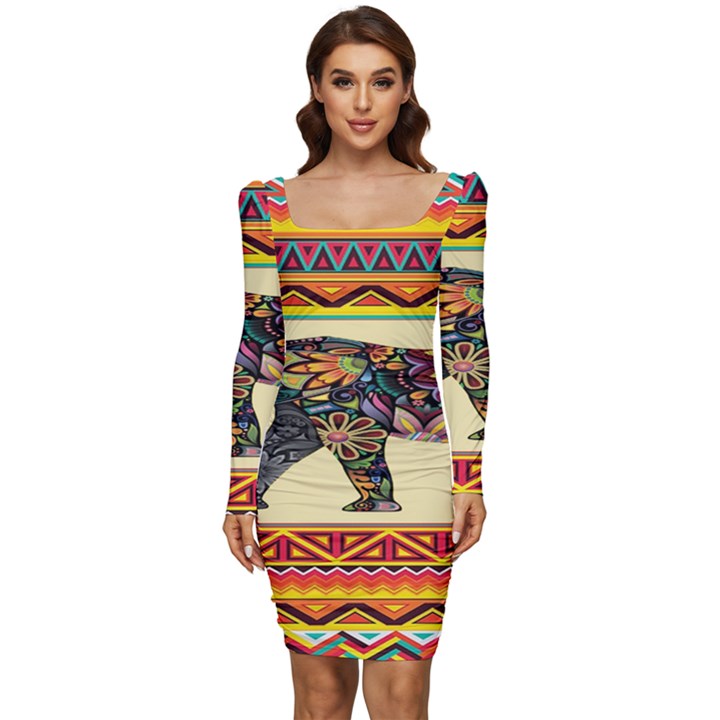 Elephant Colorfull Women Long Sleeve Ruched Stretch Jersey Dress