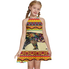 Elephant Colorfull Kids  Halter Collar Waist Tie Chiffon Dress