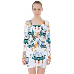 Vector-set-funny-robots-cartoon V-neck Bodycon Long Sleeve Dress