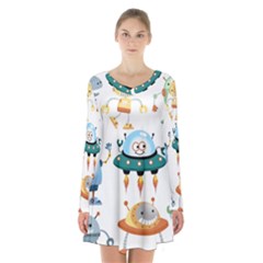 Vector-set-funny-robots-cartoon Long Sleeve Velvet V-neck Dress