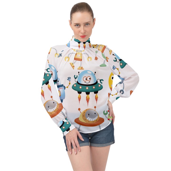 Vector-set-funny-robots-cartoon High Neck Long Sleeve Chiffon Top