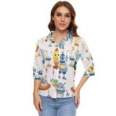 Vector-set-funny-robots-cartoon Women s Quarter Sleeve Pocket Shirt