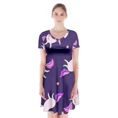 Fantasy-fat-unicorn-horse-pattern-fabric-design Short Sleeve V-neck Flare Dress