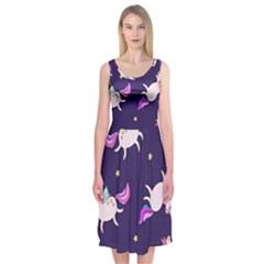 Fantasy-fat-unicorn-horse-pattern-fabric-design Midi Sleeveless Dress