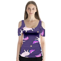 Fantasy-fat-unicorn-horse-pattern-fabric-design Butterfly Sleeve Cutout Tee 