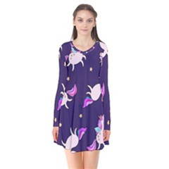 Fantasy-fat-unicorn-horse-pattern-fabric-design Long Sleeve V-neck Flare Dress