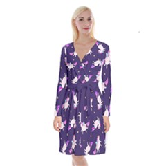 Fantasy-fat-unicorn-horse-pattern-fabric-design Long Sleeve Velvet Front Wrap Dress