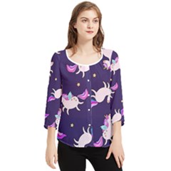 Fantasy-fat-unicorn-horse-pattern-fabric-design Chiffon Quarter Sleeve Blouse