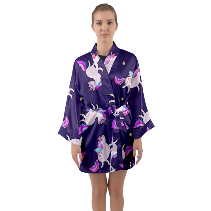 Fantasy-fat-unicorn-horse-pattern-fabric-design Long Sleeve Satin Kimono