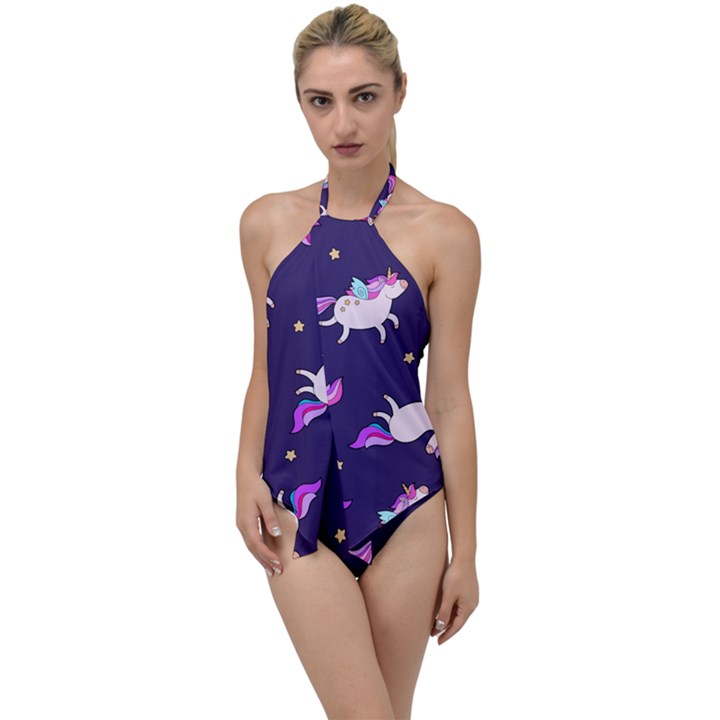 Fantasy-fat-unicorn-horse-pattern-fabric-design Go with the Flow One Piece Swimsuit