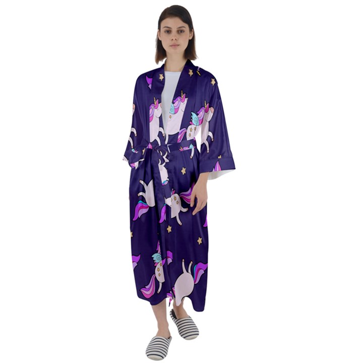 Fantasy-fat-unicorn-horse-pattern-fabric-design Maxi Satin Kimono