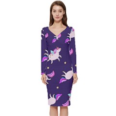 Fantasy-fat-unicorn-horse-pattern-fabric-design Long Sleeve V-neck Bodycon Dress 