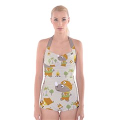 Seamless-pattern-vector-with-funny-boy-scout-scout-day-background Boyleg Halter Swimsuit 