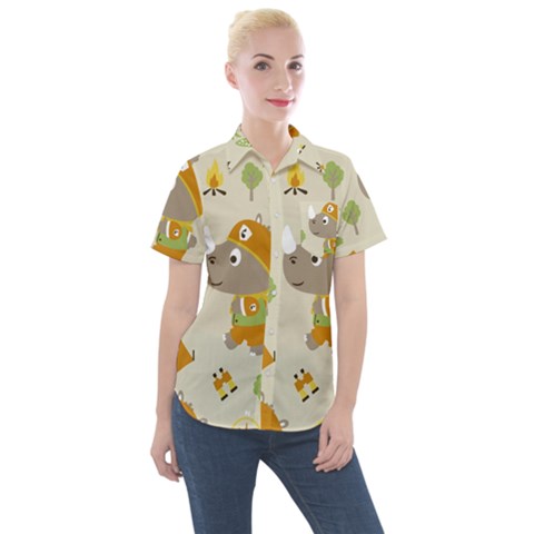 Seamless-pattern-vector-with-funny-boy-scout-scout-day-background Women s Short Sleeve Pocket Shirt by Jancukart