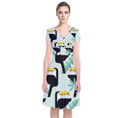 Seamless-tropical-pattern-with-birds Short Sleeve Front Wrap Dress