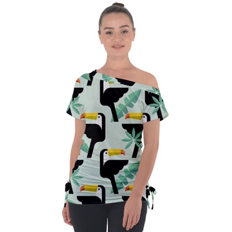 Seamless-tropical-pattern-with-birds Off Shoulder Tie-up Tee by Jancukart