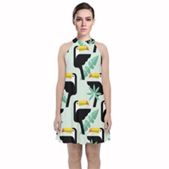 Seamless-tropical-pattern-with-birds Velvet Halter Neckline Dress 