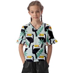 Seamless-tropical-pattern-with-birds Kids  V-neck Horn Sleeve Blouse