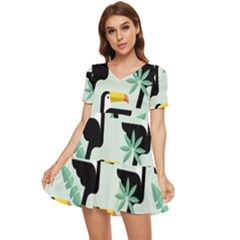 Seamless-tropical-pattern-with-birds Tiered Short Sleeve Babydoll Dress