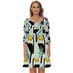 Seamless-tropical-pattern-with-birds Shoulder Cut Out Zip Up Dress