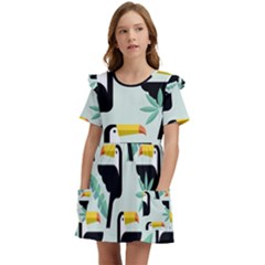 Seamless-tropical-pattern-with-birds Kids  Frilly Sleeves Pocket Dress