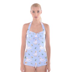 Duck-flower-seamless-pattern-background Boyleg Halter Swimsuit 