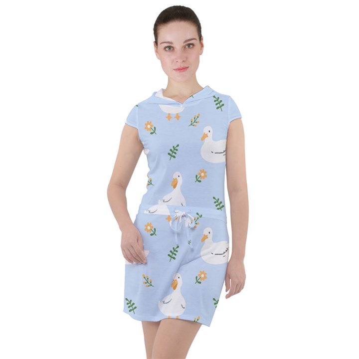 Duck-flower-seamless-pattern-background Drawstring Hooded Dress