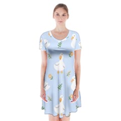 Duck-flower-seamless-pattern-background Short Sleeve V-neck Flare Dress