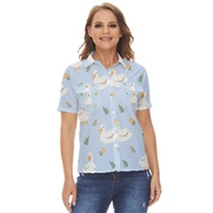 Duck-flower-seamless-pattern-background Women s Short Sleeve Double Pocket Shirt