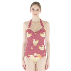 Cute-chicken-eggs-seamless-pattern Halter Swimsuit by Jancukart