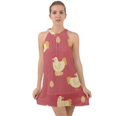 Cute-chicken-eggs-seamless-pattern Halter Tie Back Chiffon Dress by Jancukart