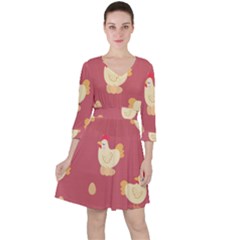 Cute-chicken-eggs-seamless-pattern Quarter Sleeve Ruffle Waist Dress