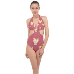 Cute-chicken-eggs-seamless-pattern Halter Front Plunge Swimsuit