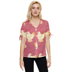 Cute-chicken-eggs-seamless-pattern Bow Sleeve Button Up Top