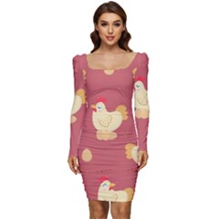 Cute-chicken-eggs-seamless-pattern Women Long Sleeve Ruched Stretch Jersey Dress by Jancukart