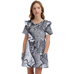 Owl-animals-wild-jungle-nature Kids  Frilly Sleeves Pocket Dress