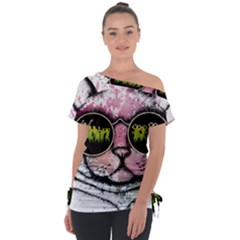 Black-cat-head Off Shoulder Tie-up Tee