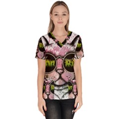 Black-cat-head Women s V-neck Scrub Top