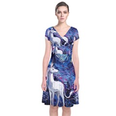 Unicorn Starry Night Short Sleeve Front Wrap Dress