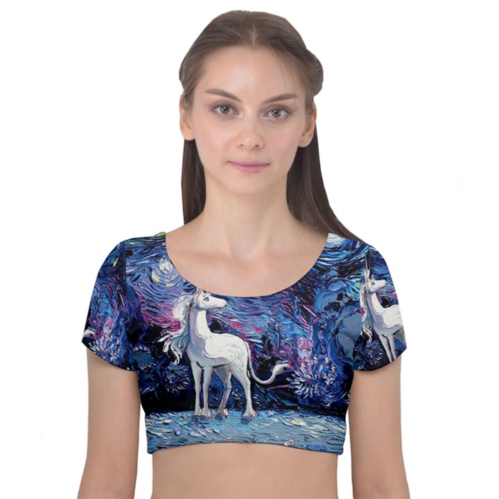 Unicorn Starry Night Velvet Short Sleeve Crop Top 