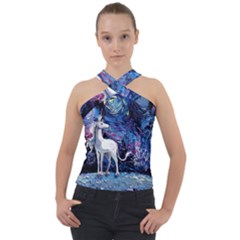 Unicorn Starry Night Cross Neck Velour Top