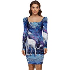 Unicorn Starry Night Women Long Sleeve Ruched Stretch Jersey Dress by Jancukart