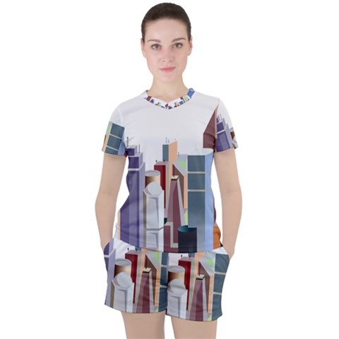 City-urban-buildings-skyscraper Women s Tee And Shorts Set by Jancukart