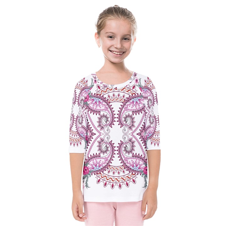 Pink Flower Cartoon Kids  Quarter Sleeve Raglan Tee