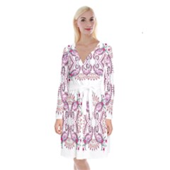 Pink Flower Cartoon Long Sleeve Velvet Front Wrap Dress