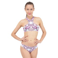 Pink Flower Cartoon High Neck Bikini Set