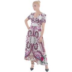 Pink Flower Cartoon Button Up Short Sleeve Maxi Dress